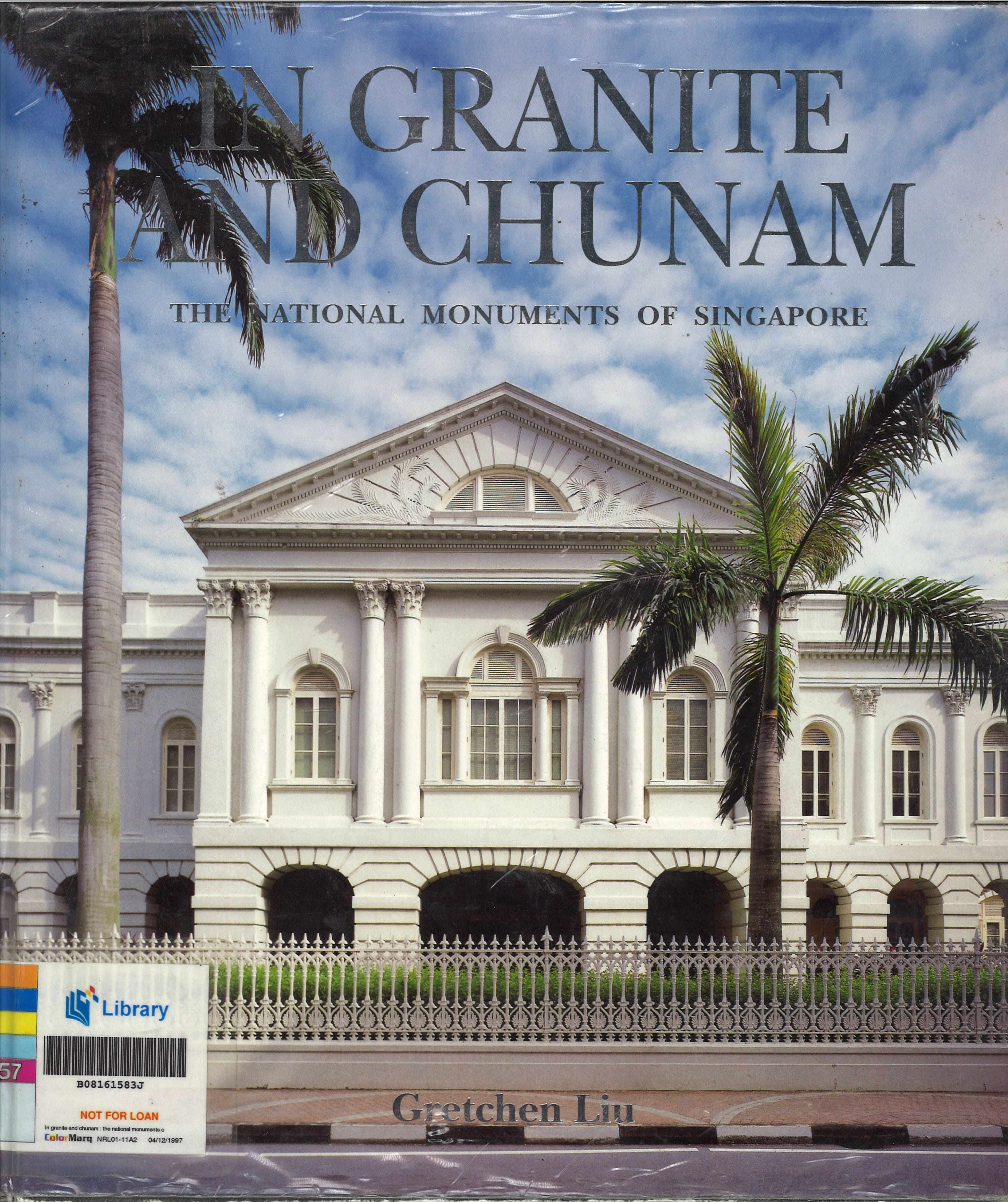 A stately white building with palm trees and a detailed fence is shown against a cloudy blue sky. The title "In Granite and Chunam" is prominently displayed.